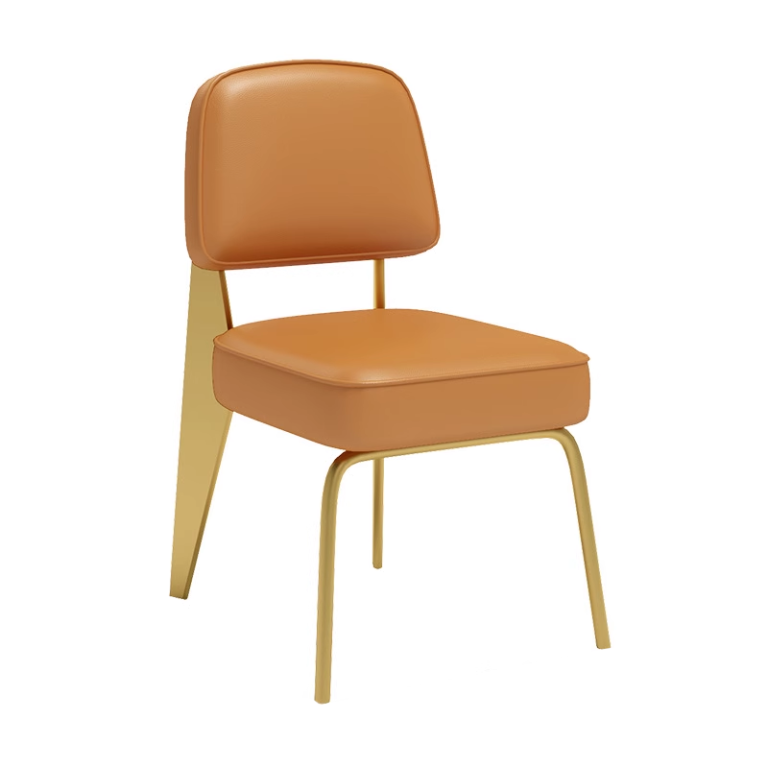 Orange leather dining chair with a gold frame, designed for modern dining setups.