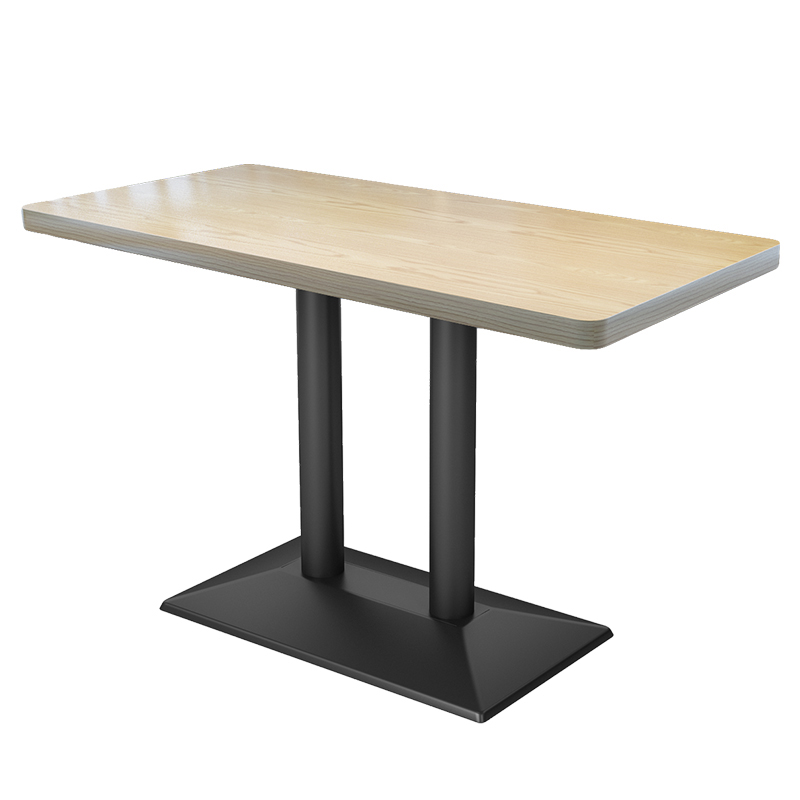 ectangular wooden dining table with a natural light finish, supported by a sturdy black double metal base.