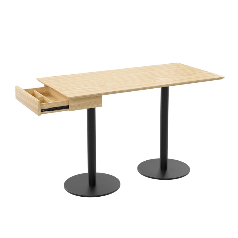 Rectangular dining table with a light wood top and integrated drawer.