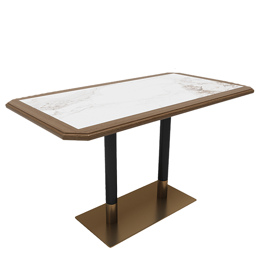 Rectangular marble-top table with a black double pedestal base and wooden frame, designed for modern dining spaces.