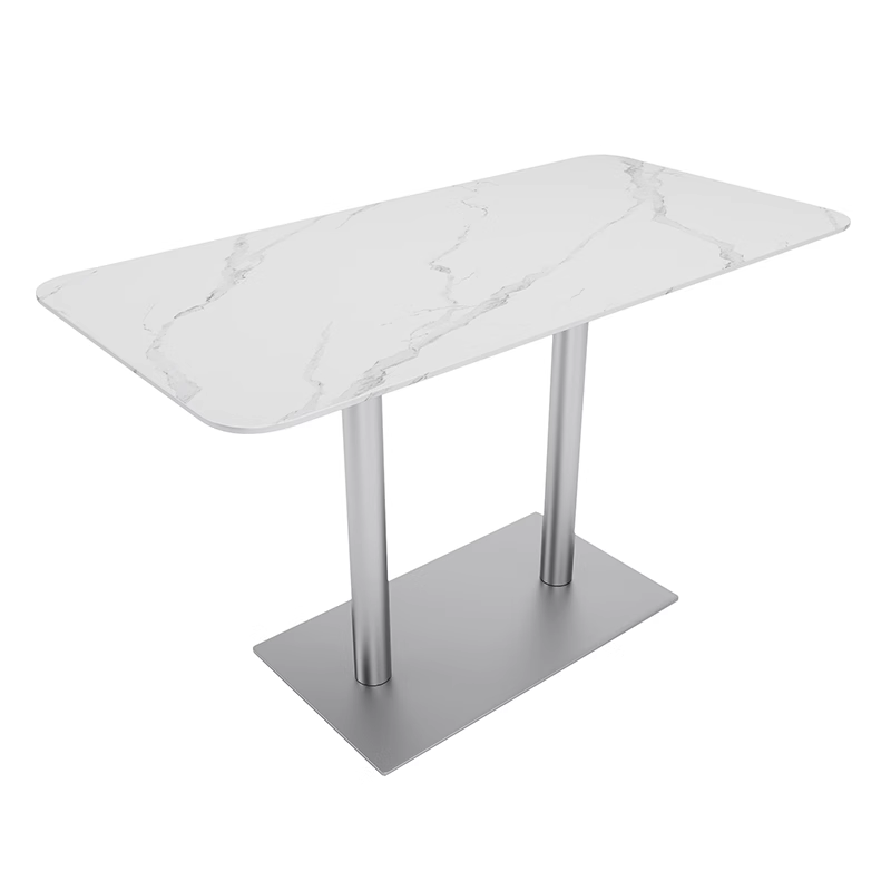 Rectangular dining table with a polished white marble top and dual metal legs for enhanced stability.