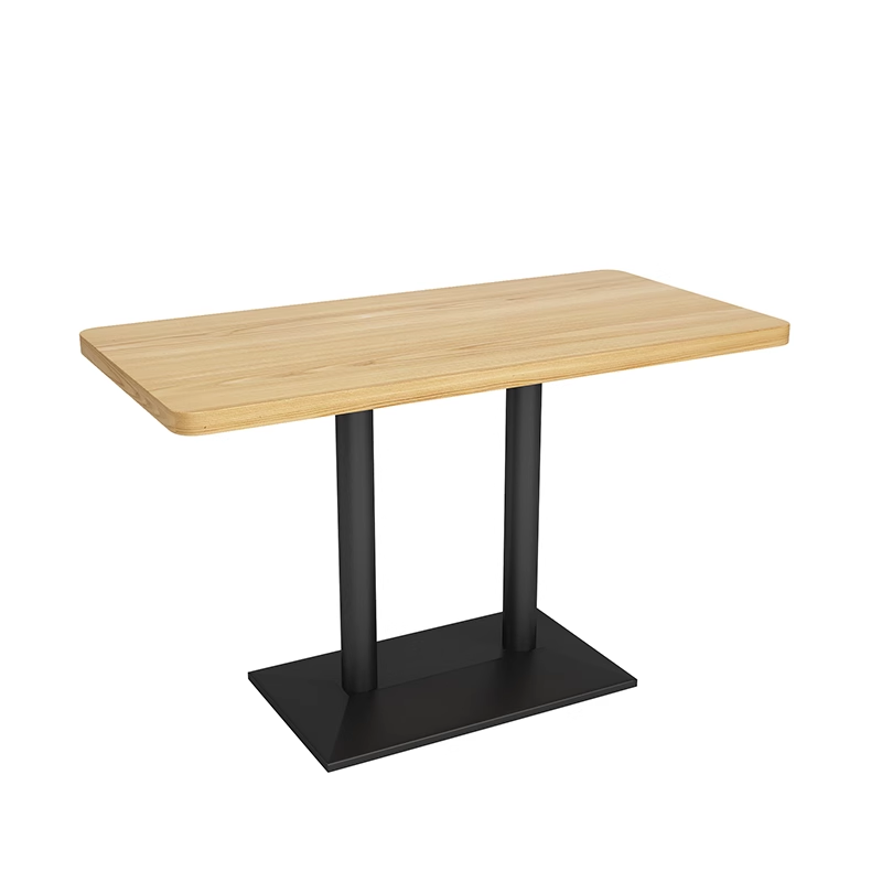 Rectangular dining table with a natural wood top and black metal base, ideal for modern restaurants and cafés.