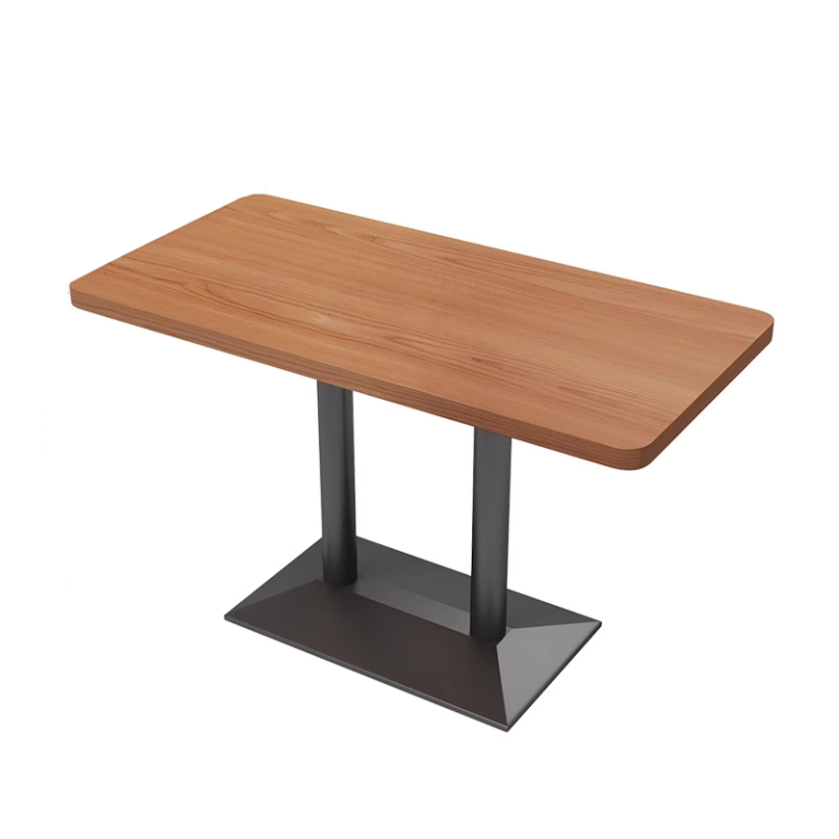 Rectangular wooden table with a black metal dual-leg base for stability and style.