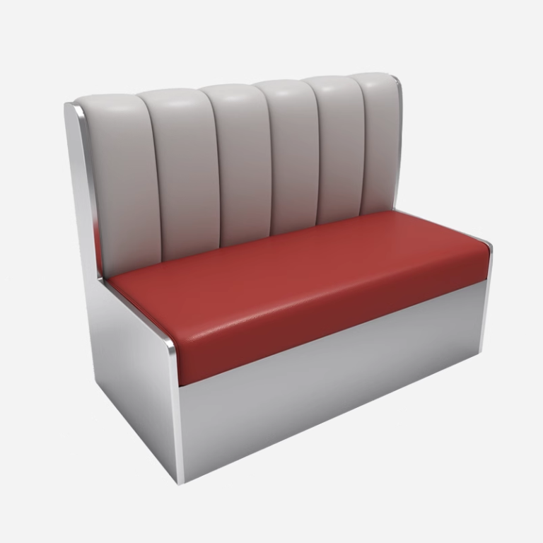 Red and white dining booth with a padded seat and channel-tufted backrest, featuring a durable and stylish design.