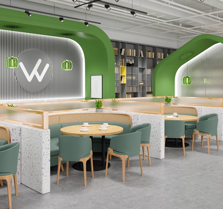 restaurant dining area featuring green accent walls, modern upholstered chairs, wooden tables, and stylish lighting