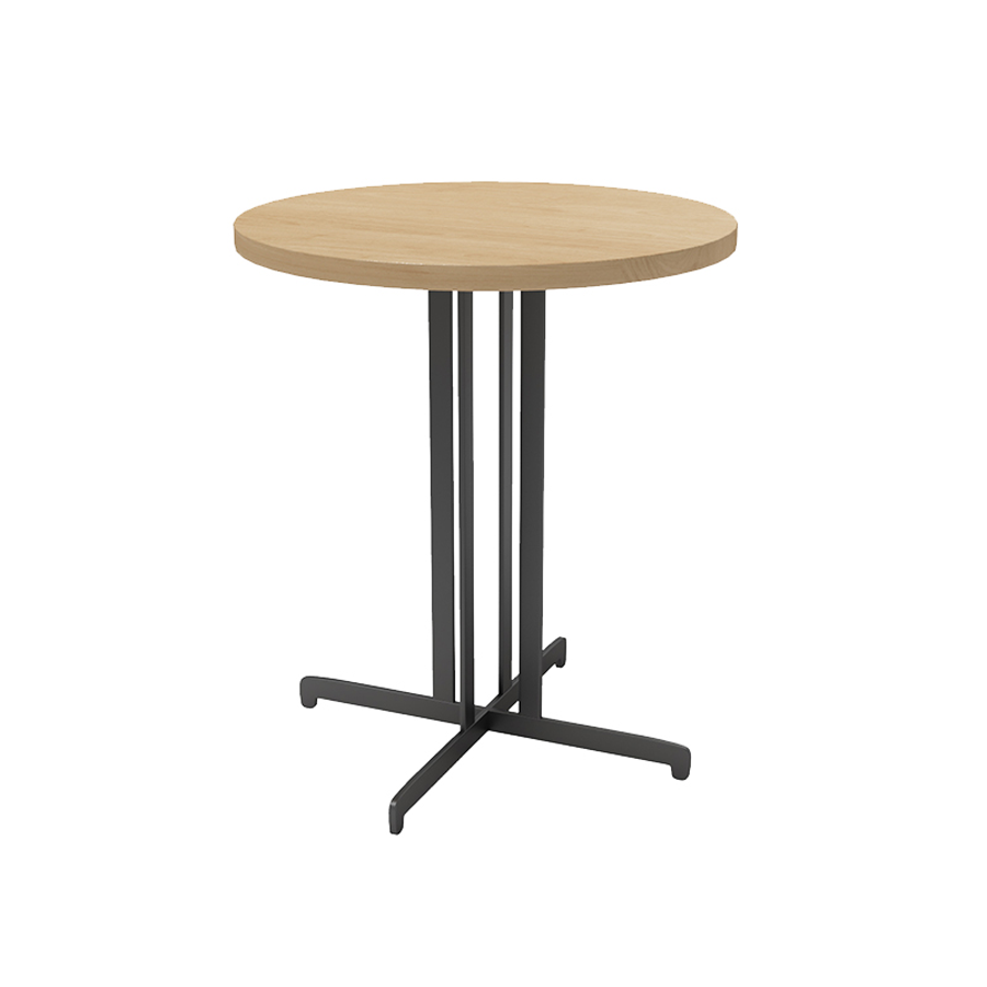 Round bar table with a natural wooden top and a black metal base, perfect for modern bar and cafe settings.