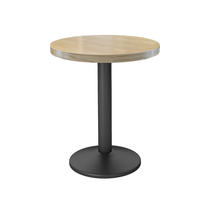 Round wooden dining table with a smooth light wood finish and a sturdy black metal pedestal base.