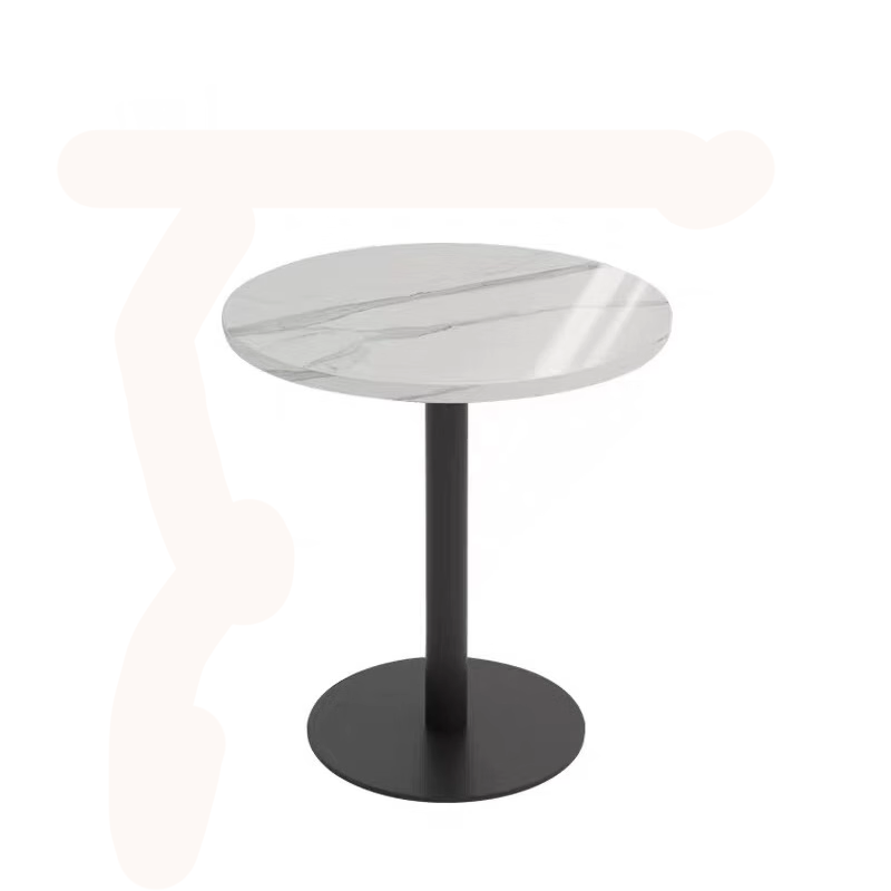 Round white marble dining table with elegant gray veining, featuring a sleek black metal pedestal base.