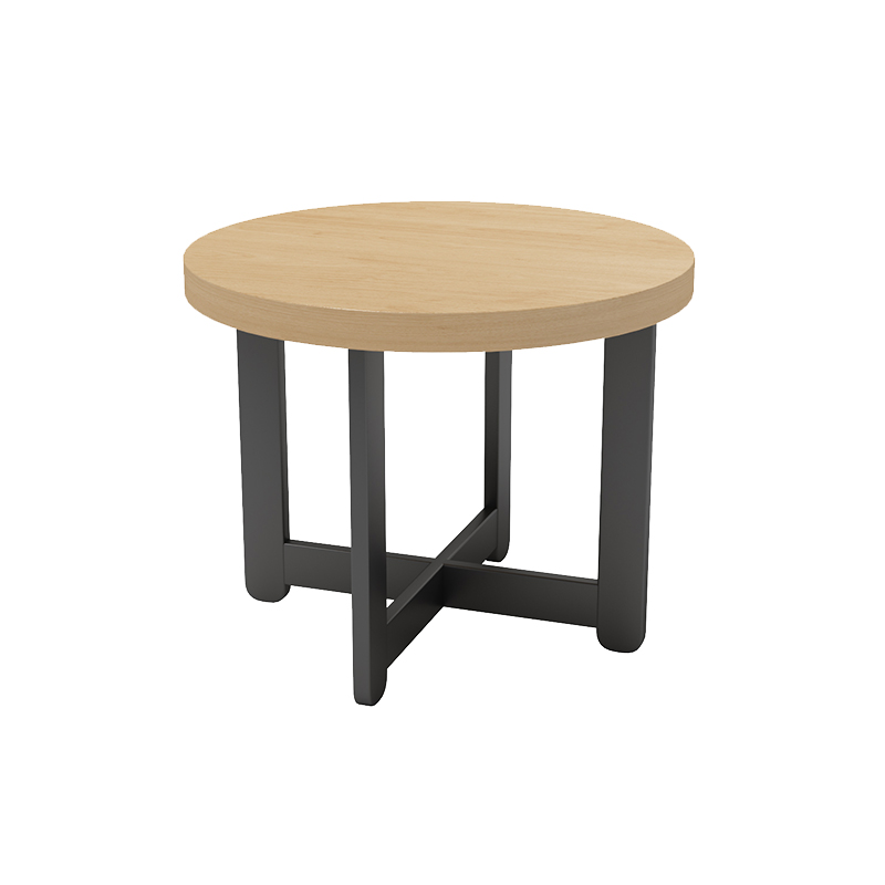 A sleek and compact round wooden coffee table featuring a natural wood top and a durable black metal base, perfect for contemporary cafe and lounge spaces.