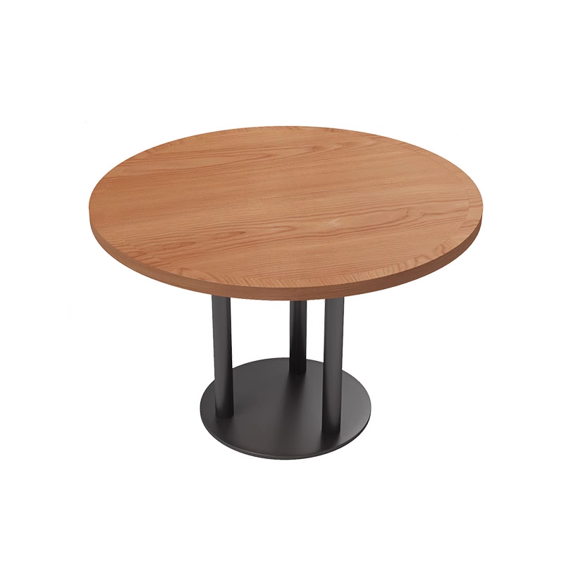 Round wooden table with a black metal pedestal base, perfect for modern dining setups.