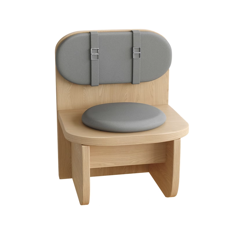 Single seat wooden bench with grey cushion and backrest, compact design for small spaces.