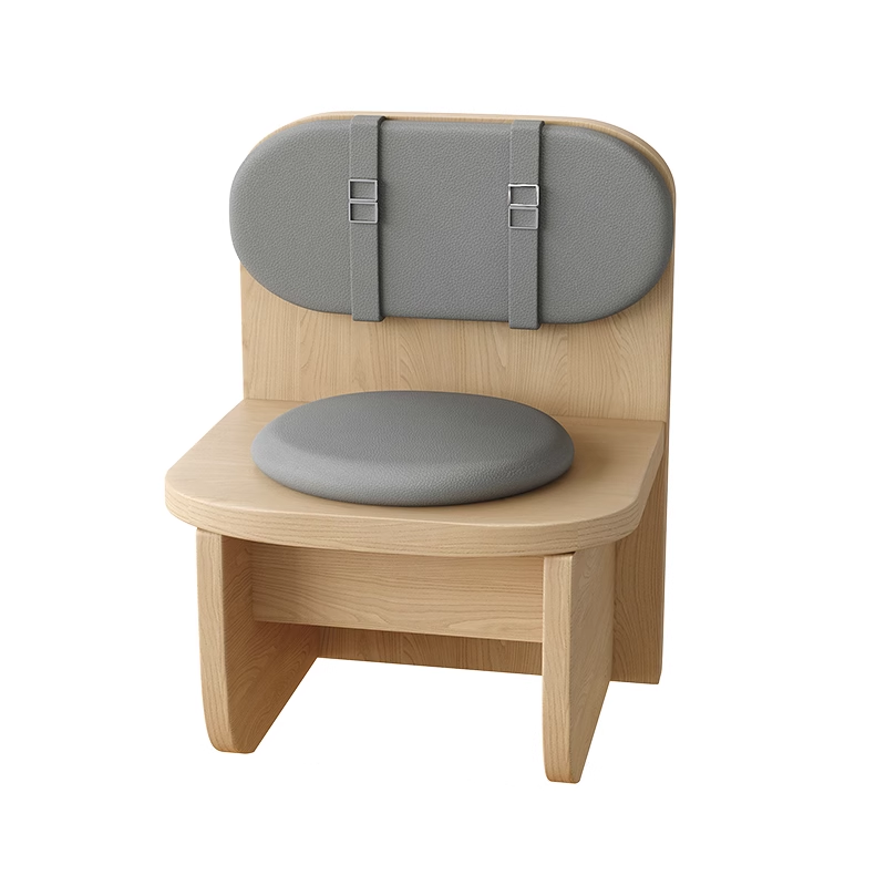 Single seat wooden bench with grey cushion and backrest, compact design for small spaces.