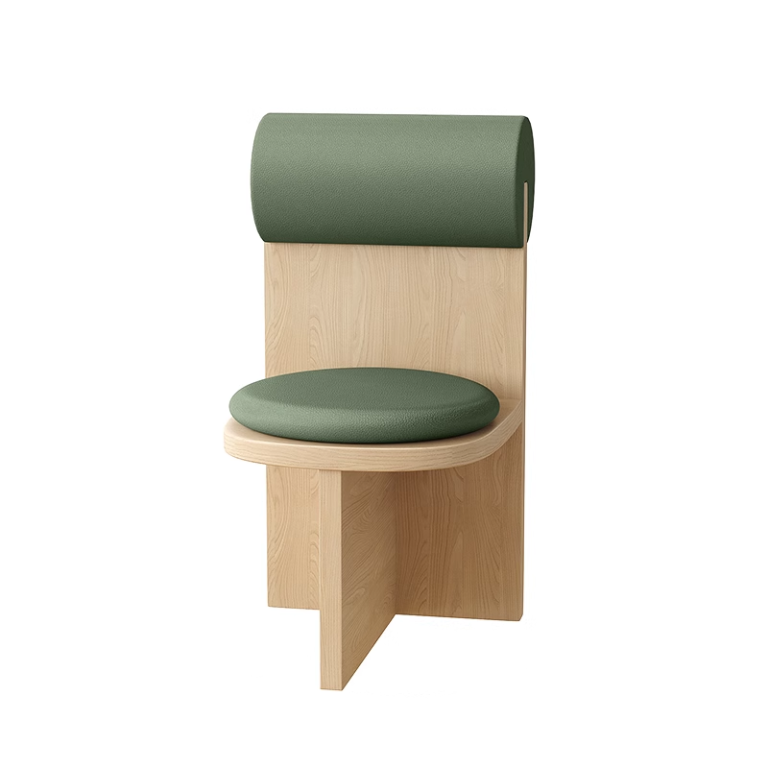 Single wooden chair with a green round cushioned backrest and seat, perfect for modern dining interiors.