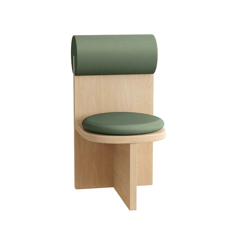 Single wooden chair with a green round cushioned backrest and seat, perfect for modern dining interiors.