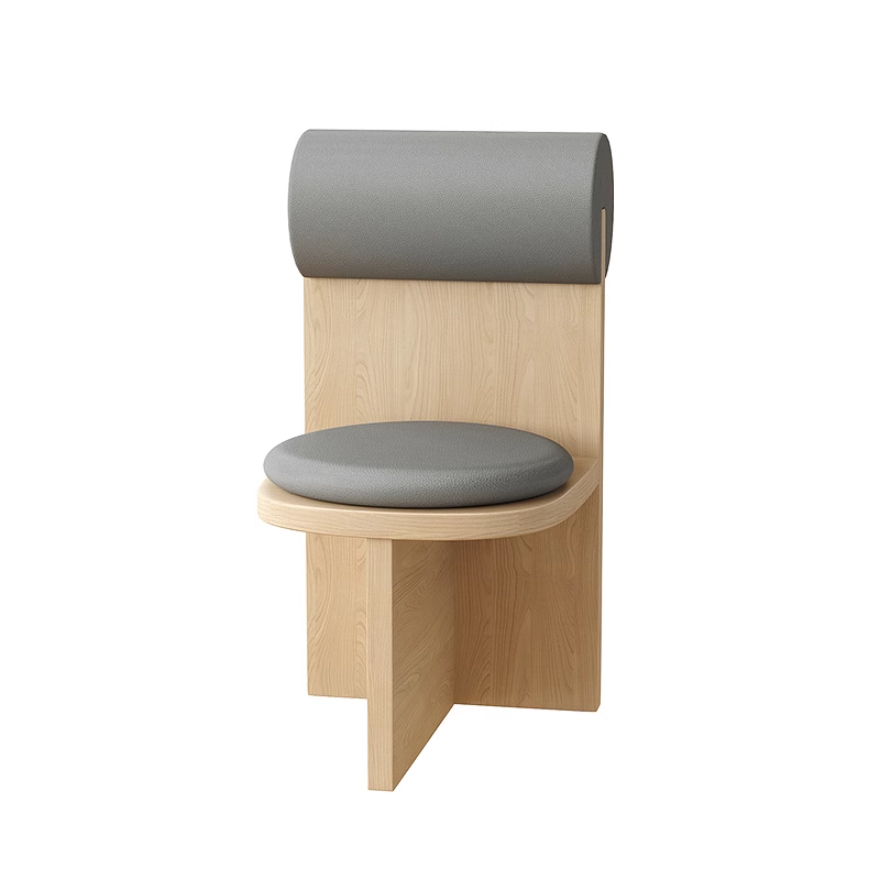 Single wooden chair with a grey round cushioned backrest and seat, ideal for contemporary dining areas