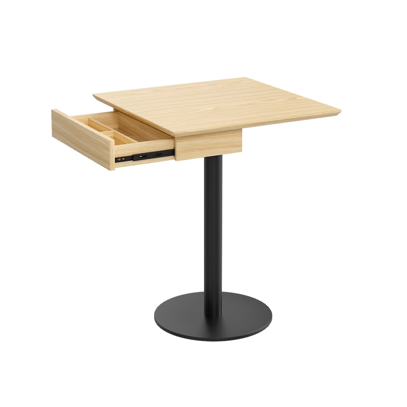 Square dining table with a light wood top and a built-in drawer for storage.