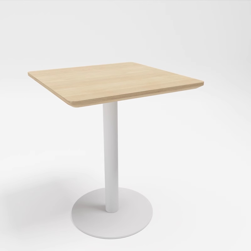 Square dining table with a light wood top and white round metal base, perfect for modern dining spaces.