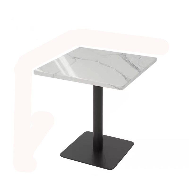 quare white marble dining table with subtle gray veining, featuring a single black metal pedestal base.