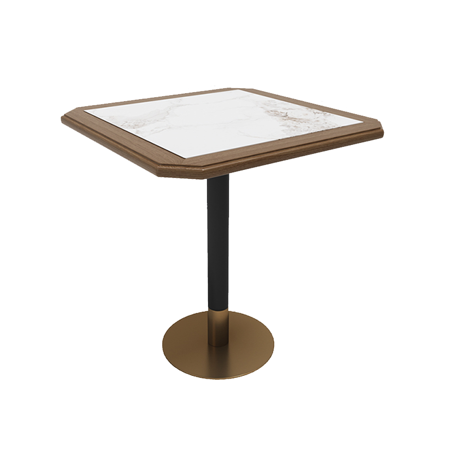 Square marble-top table with a black pedestal base and wooden frame, designed for modern dining interiors.