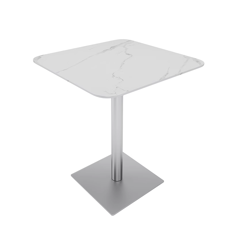 Square dining table with a white marble top and a sturdy metal pedestal base. Title: Square Marble Dining Table with Metal Base