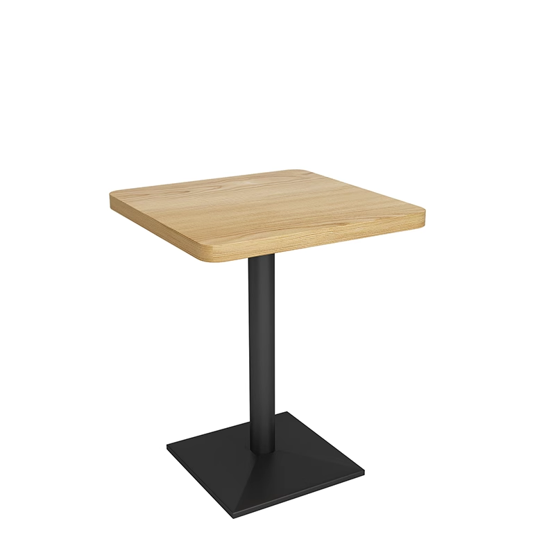 Square dining table with a natural wood top and black metal pedestal base, perfect for modern dining interiors.