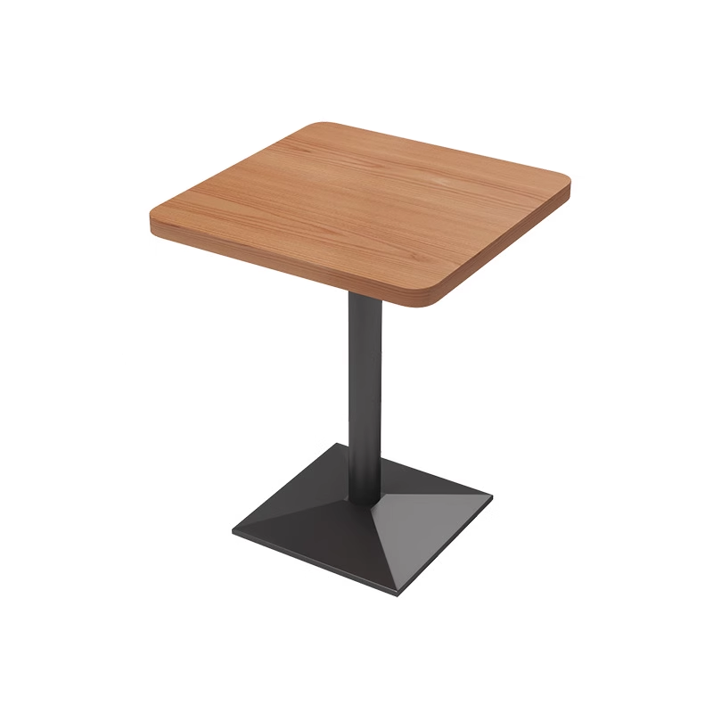 Square wooden table with a black metal pedestal base for compact dining setups.