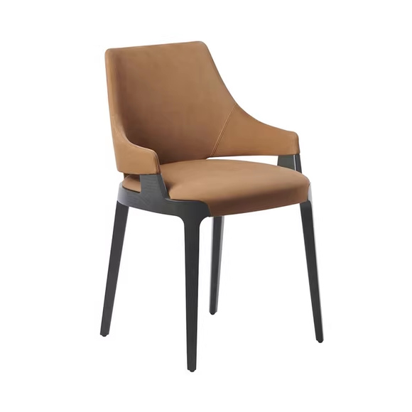 Tan leather chair with black wooden legs and armrests, offering a modern design for dining rooms or offices.