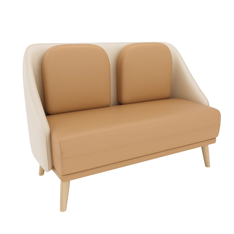 Modern two-seater sofa with orange cushions, a beige curved backrest, and wooden legs.