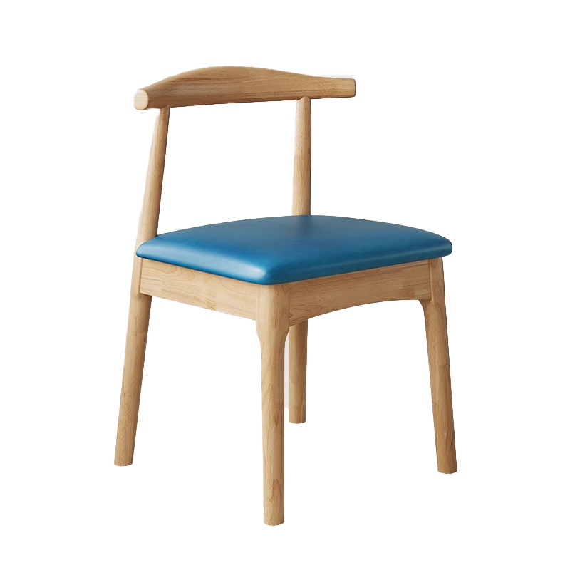 Light wooden armchair with a blue cushioned seat, featuring a minimalist design and curved backrest.