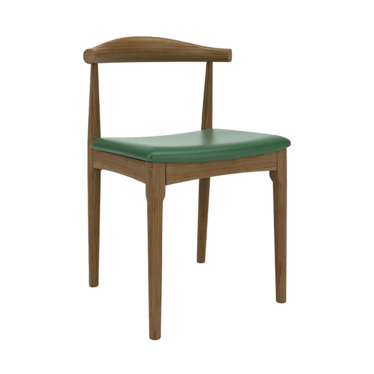 Wooden armchair with a green cushioned seat and simple backrest design, ideal for modern dining or accent seating.