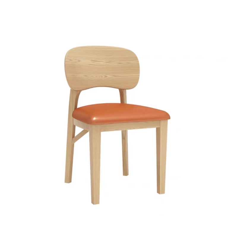 Wooden chair with a natural wood frame and an orange leather seat, designed for modern dining spaces.