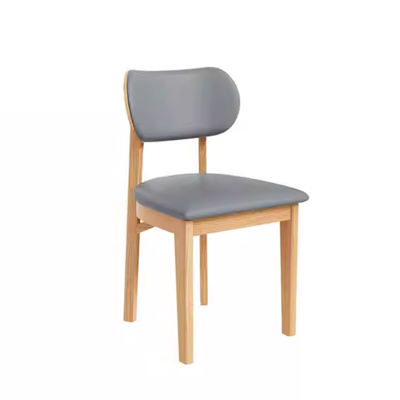 Wooden dining chair with gray cushion and comfortable backrest, perfect for modern dining rooms and kitchens.