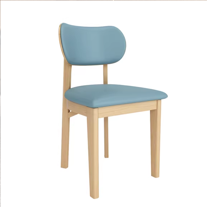 Wooden dining chair with light blue padded seat, ergonomic design, modern style for dining rooms and offices.