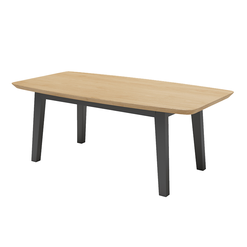 Rectangular wooden dining table with a natural wood top and black metal legs, designed for modern dining spaces.