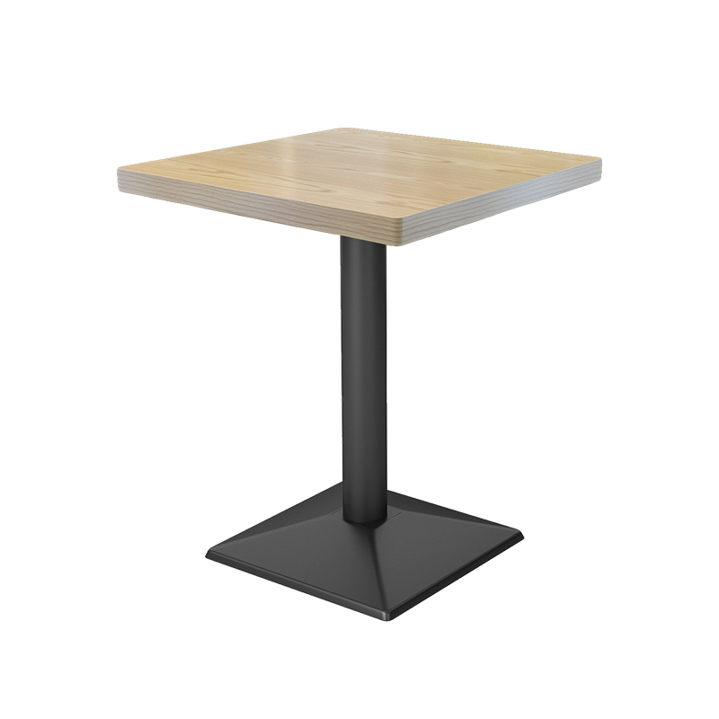 Square wooden dining table with a light natural finish, supported by a sturdy black metal base.