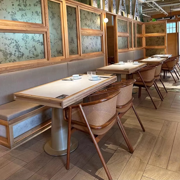 Modern Dining Room with Wooden Cane Chairs and Marble-Topped Tables, Stylish Restaurant Design with Elegant Partitioning