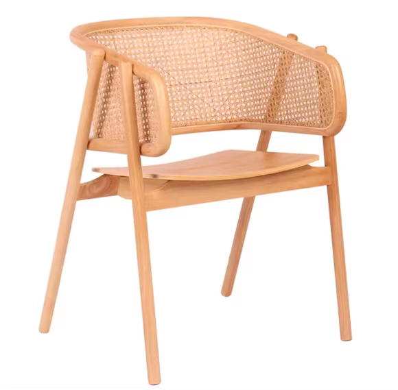 Wooden Cane Chair with Curved Backrest and Armrests – Natural Wood Frame, Modern Design with Comfortable Seat for Dining Room