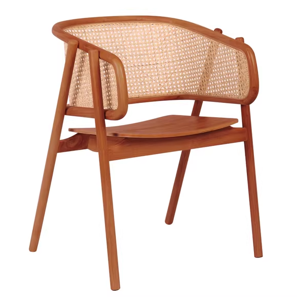 Wooden cane chair with curved backrest, solid wood legs, and a natural woven cane seat, perfect for modern or minimalist interiors.