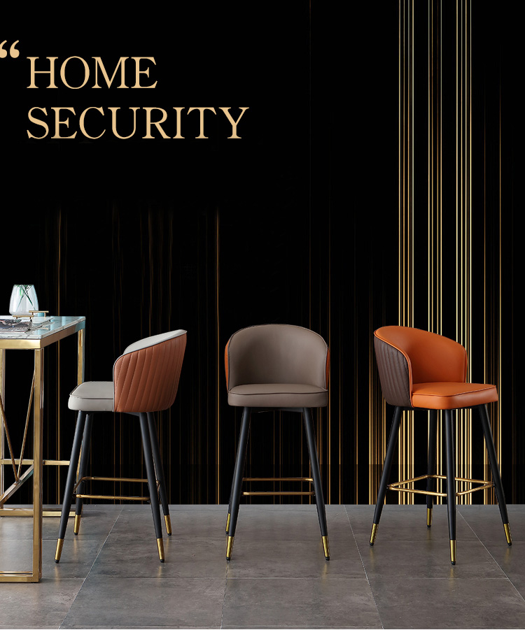 Stylish home security-themed bar stools in three colors, with gold-accented feet and black frames.