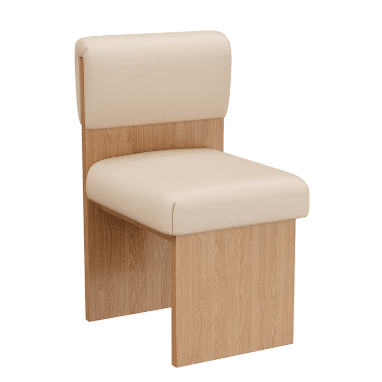 Beige wooden upholstered dining chair with a straight backrest and cushion seat. Simple and modern design.