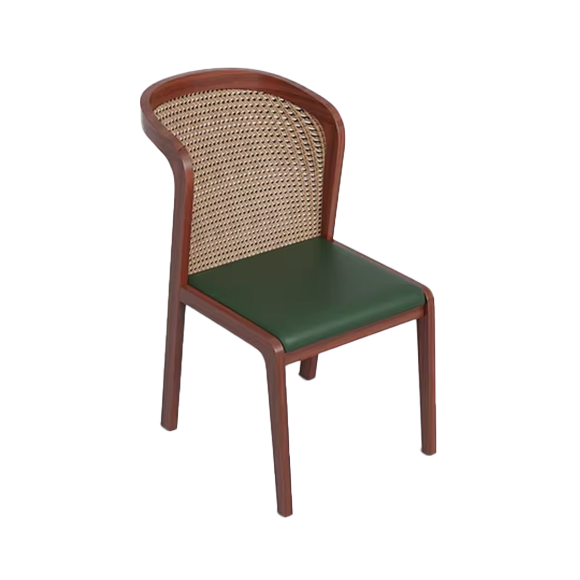 wooden cane back chair with green leather seat, natural wood frame