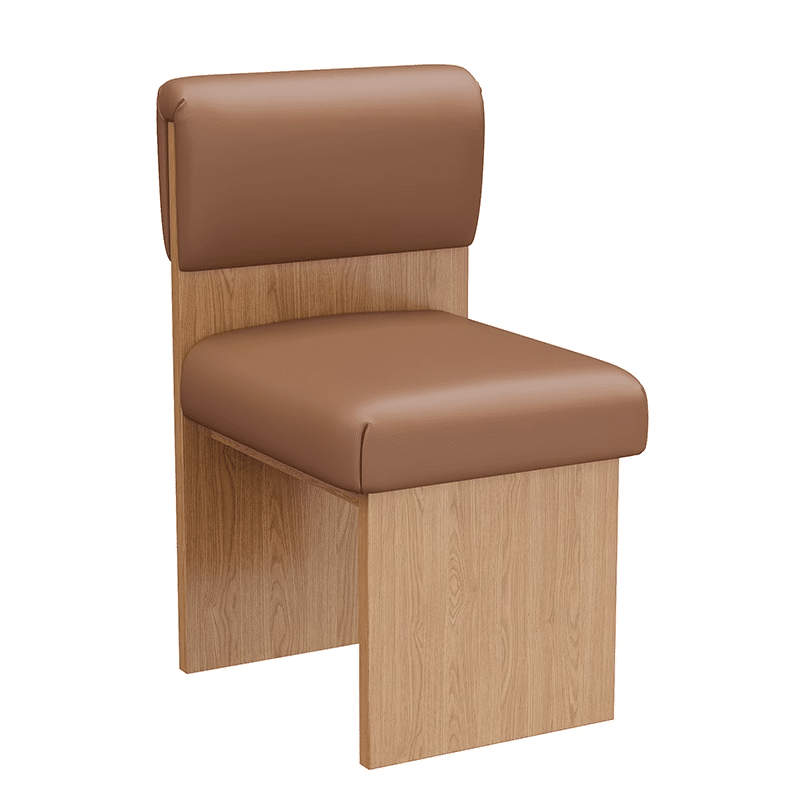 Brown wooden dining chair with padded cushion and straight backrest. Simple and sturdy design.