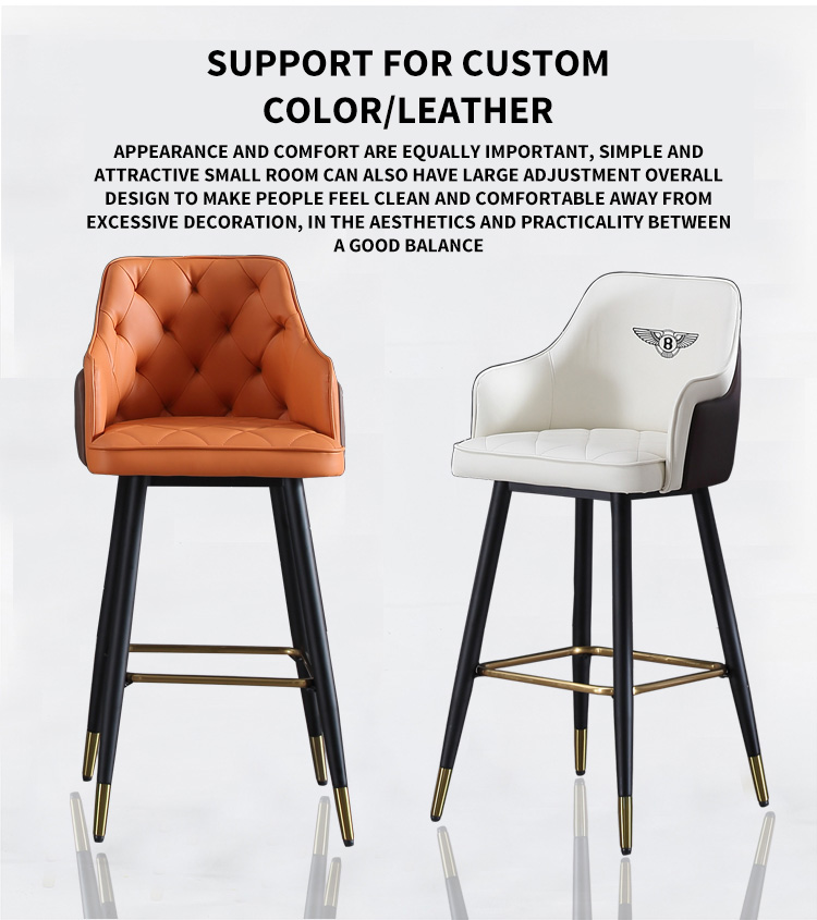 White and orange bar stools with custom color and leather design, featuring button and embroidered logo details.