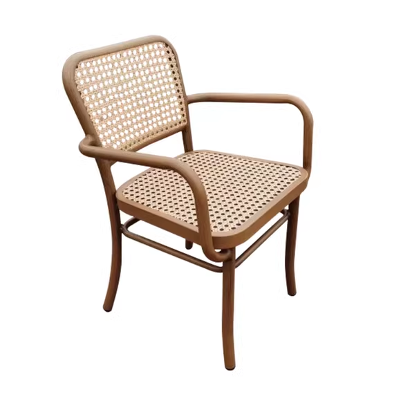 A wooden cane-back armchair with a neutral fabric seat, designed for comfort and classic aesthetics.