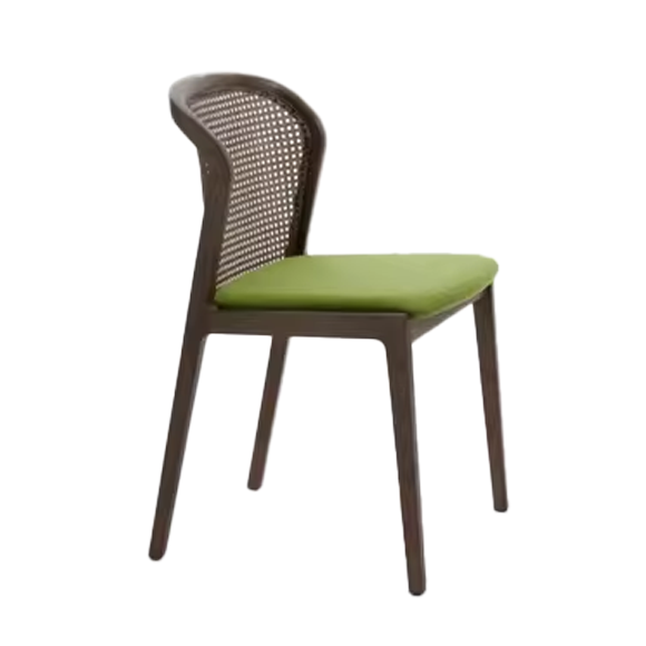 Cane-back chair with a dark wooden frame and a green cushion seat, designed for contemporary dining settings