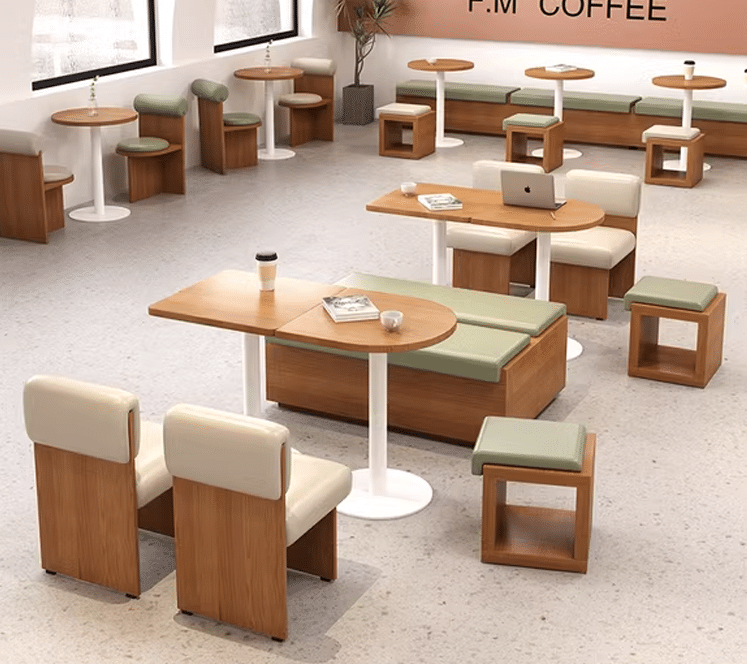 A contemporary café showcasing green and beige cushioned chairs around round wooden tables.