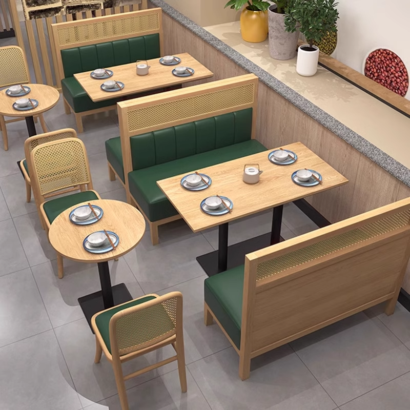 Restaurant seating with wooden tables, green cushioned benches, and chairs with rattan backs for a modern dining environment.