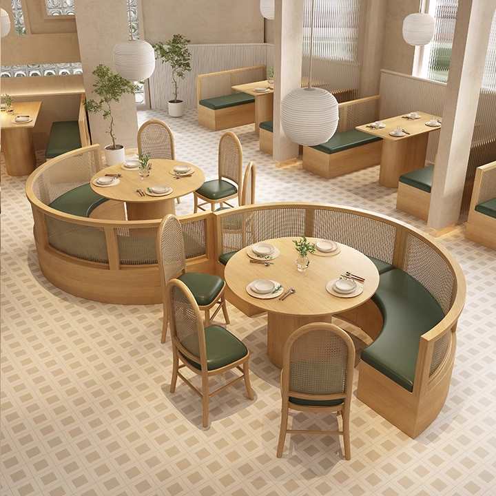 Round dining area with curved wooden booths and cane backrest chairs in a cozy restaurant.