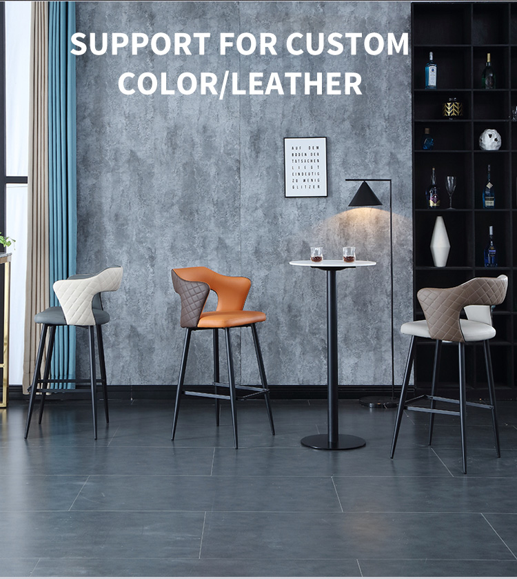 Customizable leather barstools with black metal frames, available in multiple color options, featuring quilted backrests.