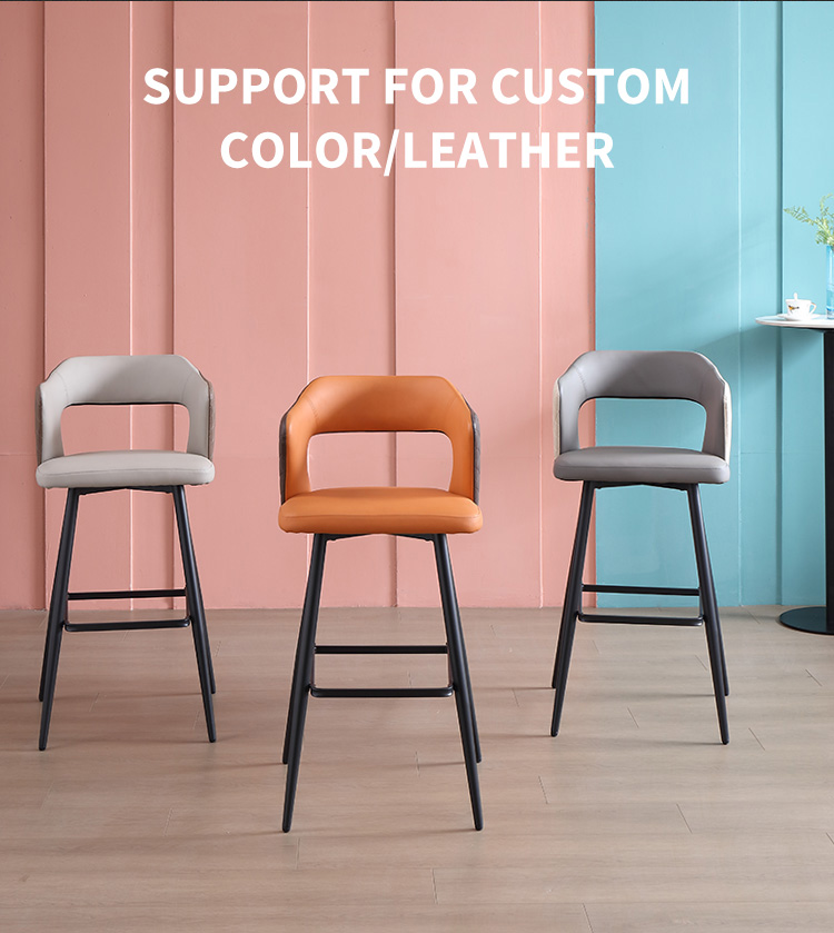 Three customizable leather barstools in different colors with black metal frames and quilted backrests.